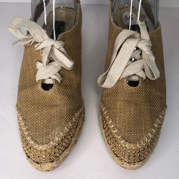 STUART WEITZMAN Canvas Gold Studded Slingback Tan Espadrille Wedge Luxury VTG - Picture 4 of 14
